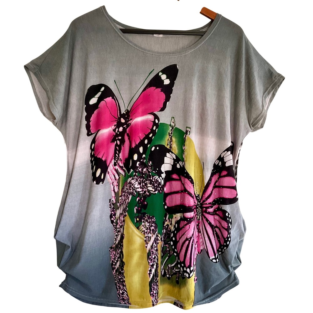 Butterfly Graphic Rhinestone Ombre‎ Grey Tunic Top Bubble Hem Y2K Fairycore L-XL